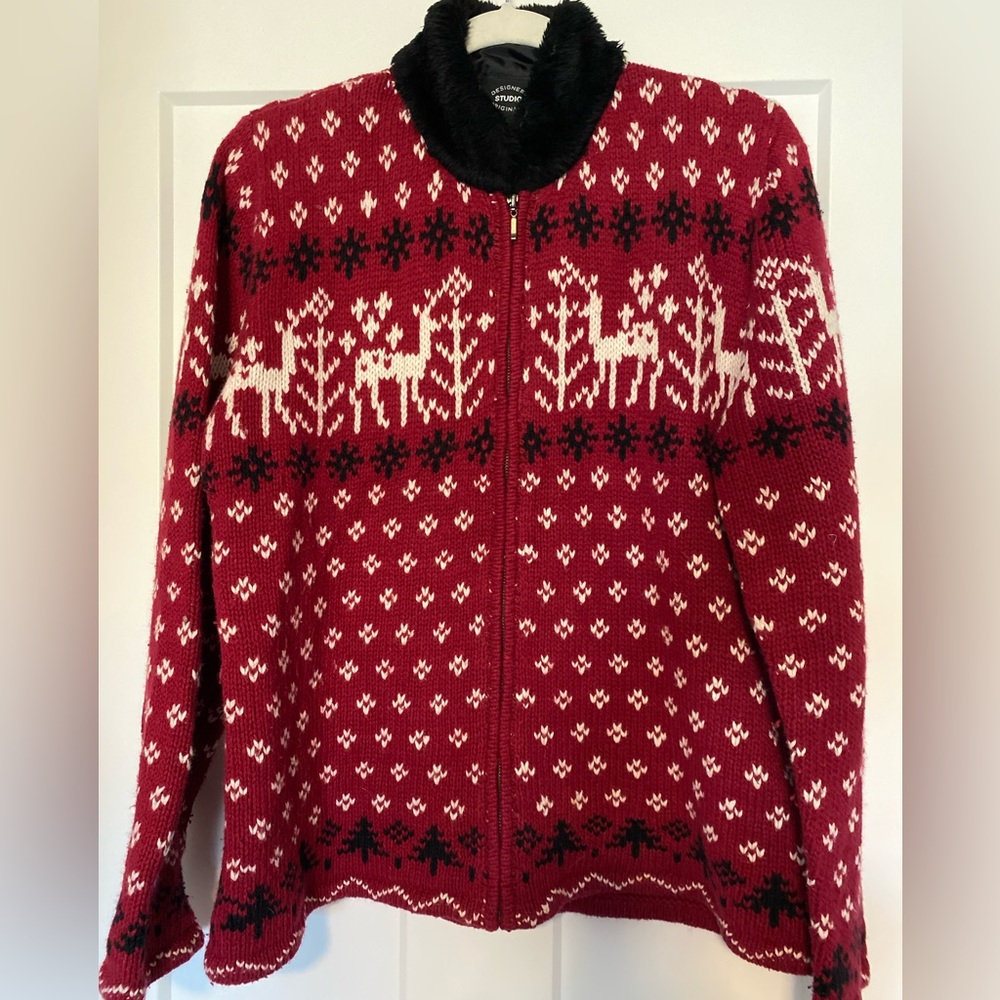Designers Original Holiday Zip Front Sweater, Faux Fur collar, reindeer,…
